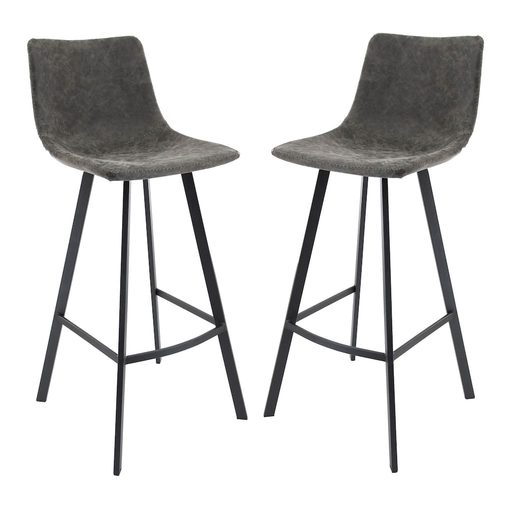 LeisureMod Leather Bar Stool With Iron Legs & Footrest Set of 2 - Grey - 18"Dx18"Wx41"H