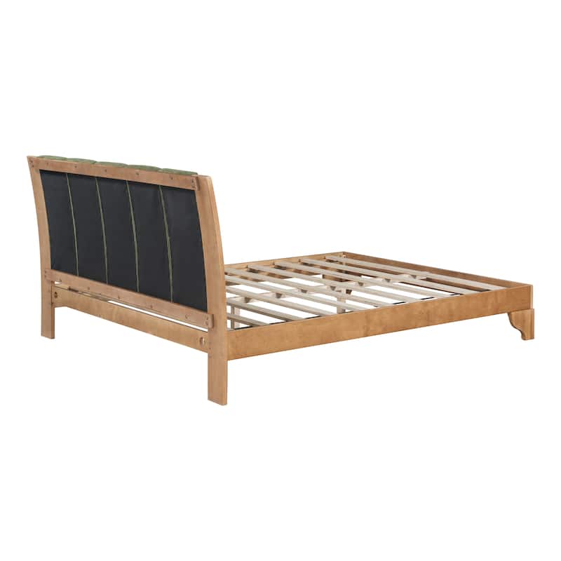 Pine Wood Bed Frame Mid Century Modern Platform Bed with Green Upholstered Headboard, Wood Slat Support Low Profile Wingback Bed