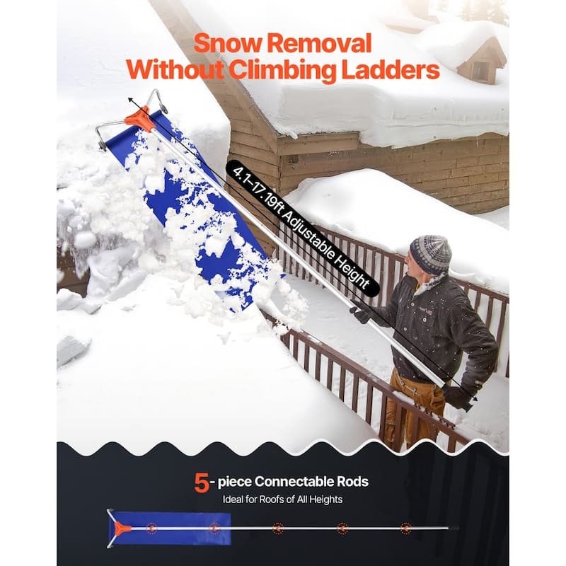 Extendable Roof Snow Rake 17-Inch Aluminum Blade with Smooth Wheels for Residential Snow Clearing