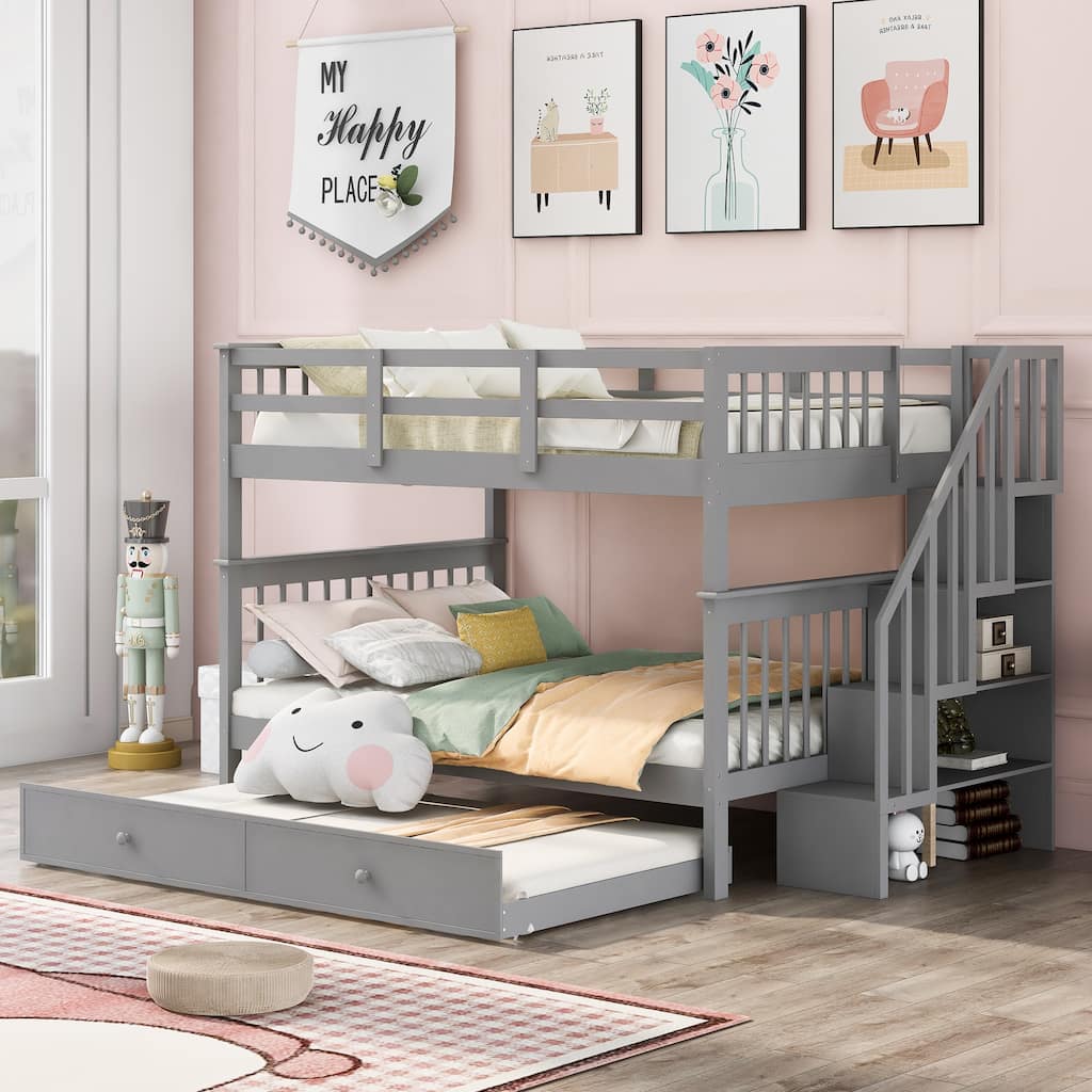 Full-Over-Full Bunk Bed with Twin Trundle, Storage, and Guard Rail in Gray