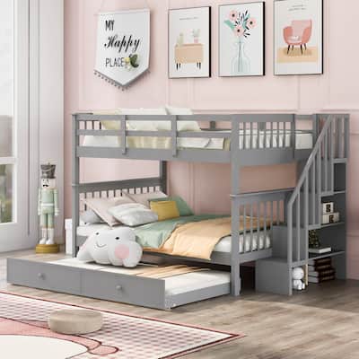 Full-Over-Full Bunk Bed with Twin Trundle & Staircase Storage and Solid Wood, 300lb Capacity