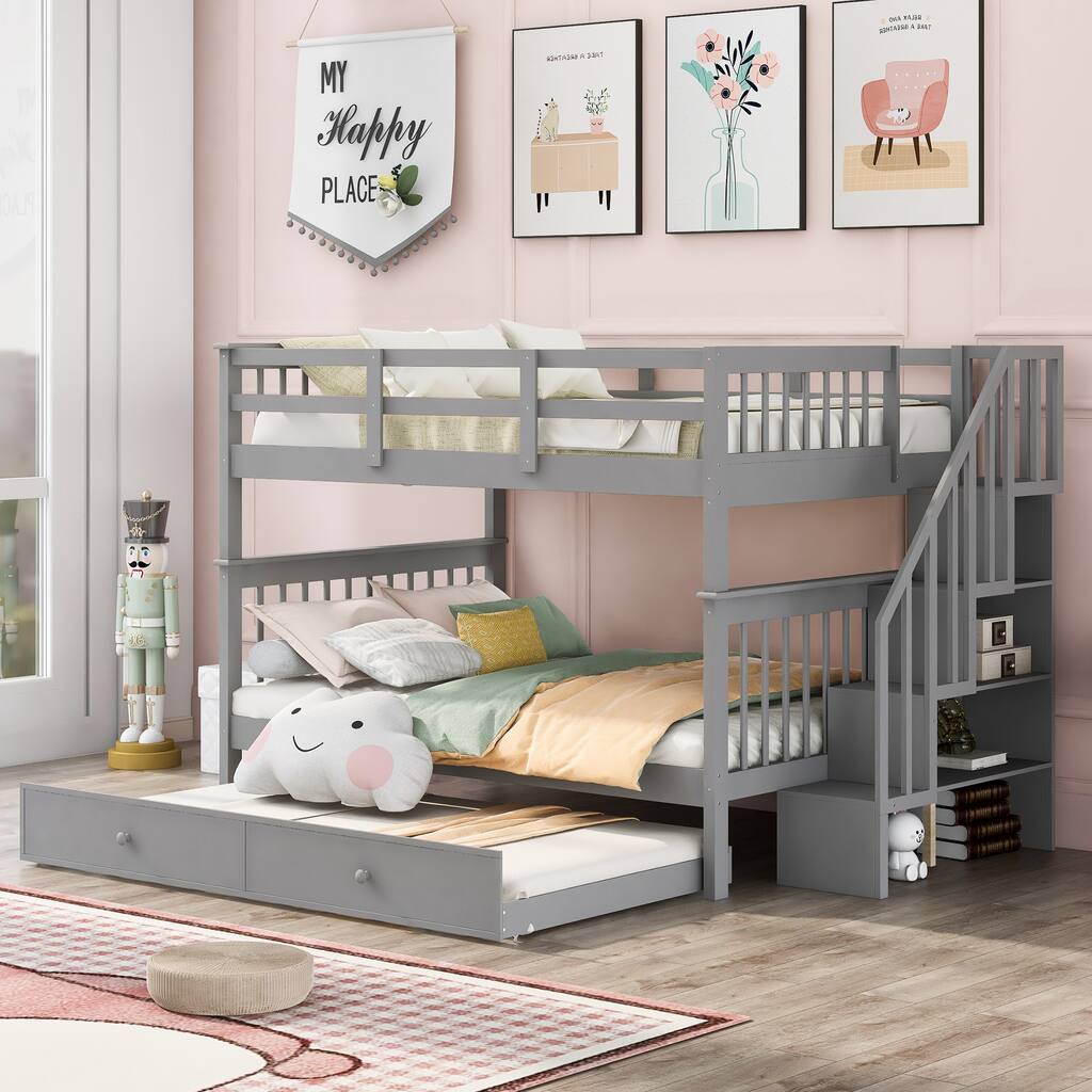 Stairway Bunk Bed with Trundle, Storage and Guard Rail