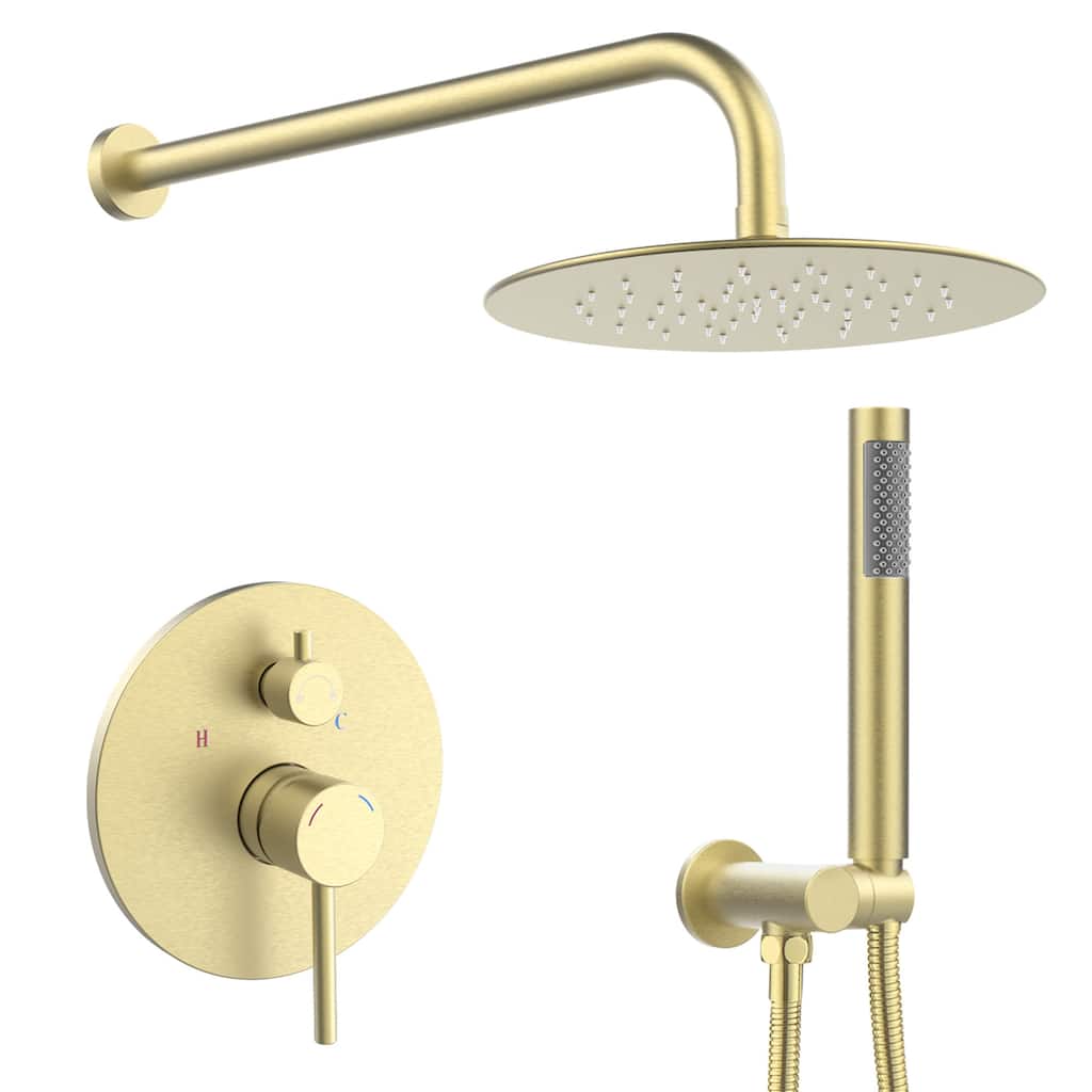 10 Inch Wall Mount Shower Faucet With Rough-in Valve Brushed Gold Rain Shower System With Hand Shower