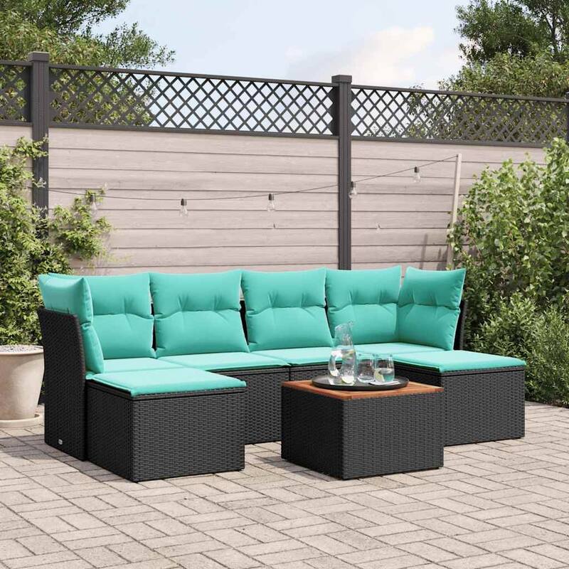 vidaXL 7 Piece Patio Sofa Set with Cushions Black Poly Rattan - 24.4 x 24.4 x 27.2