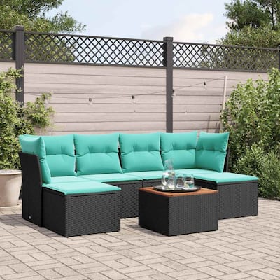 vidaXL 7 Piece Patio Sofa Set with Cushions Black Poly Rattan - 24.4 x 24.4 x 27.2