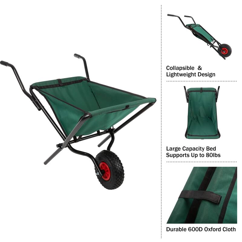 Folding Wheelbarrow - Collapsible Garden Cart with 80lb Capacity, Storage Pouches, and Padded Handles by Pure Garden (Green)