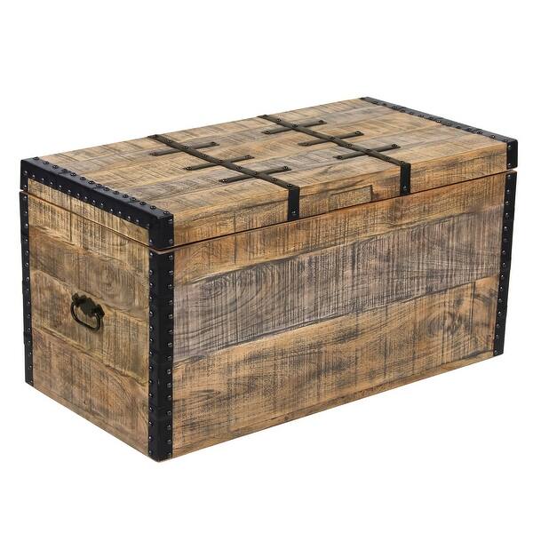 slide 1 of 8, Storage Trunk with Metal Rivets and Wooden Frame, Brown