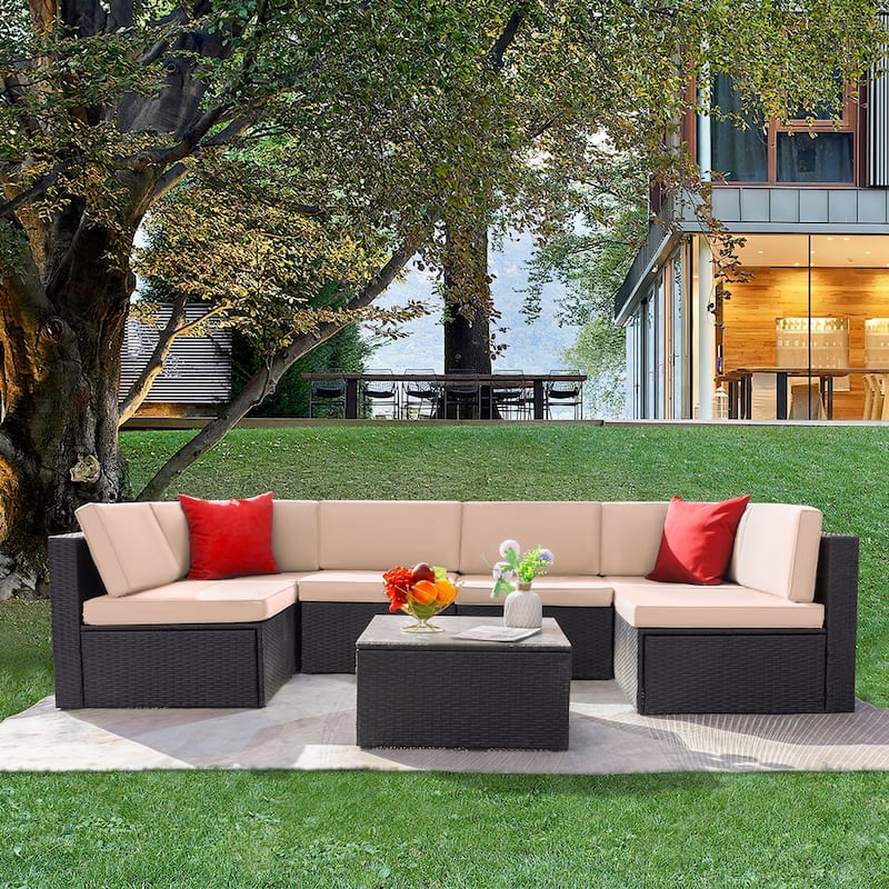 Lacoo 7 Pieces Outdoor Sectional Sofa Wicker Rattan Conversation Sets