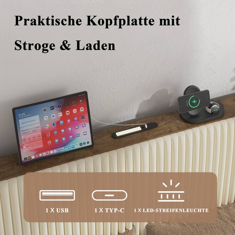 Roomfitters Metal Platform Bed Frame with Charging Station, Heavy Duty Mattress Foundation, No Box Spring Needed, Beige