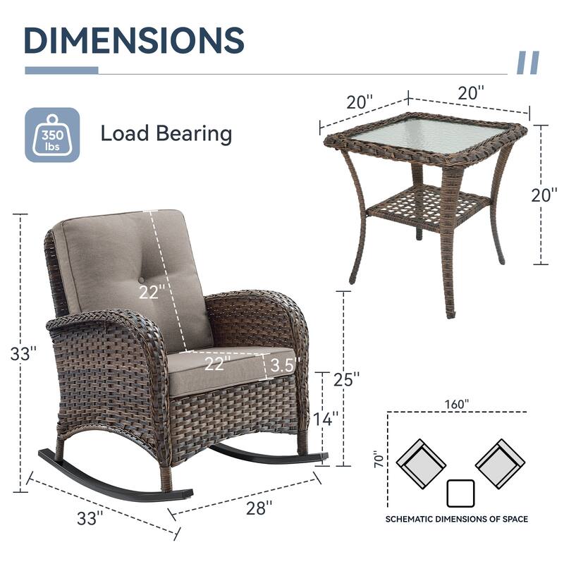 Gymojoy Patio Furniture Set PE Wicker Rocking Chairs & Side Table