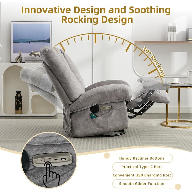 Shell Shape Power Recliner Chair, Chenille Fabric Swivel Rocker Recliner with Bluetooth Speaker
