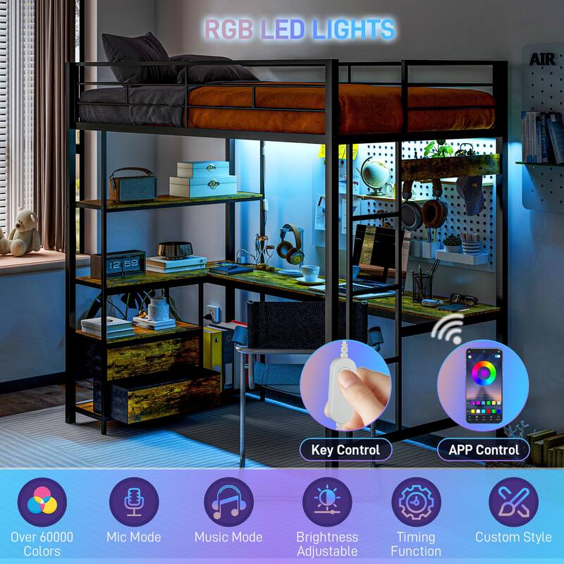 Twin Loft Bed with L Shaped Desk and RGB LED Lights, Steel Frame Bed with Guardrails USB AC Outlets