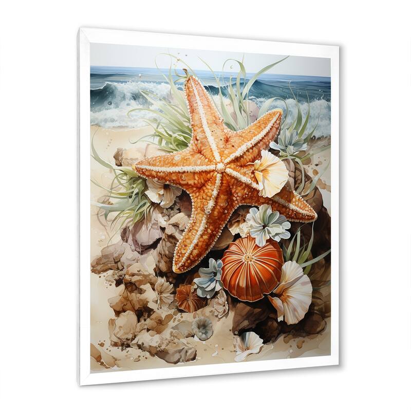 Designart "Orange And Blue Starfish Sands II" Coastal Tropical Wall Decor Orange Coastal Entryway Framed Wall Art Print