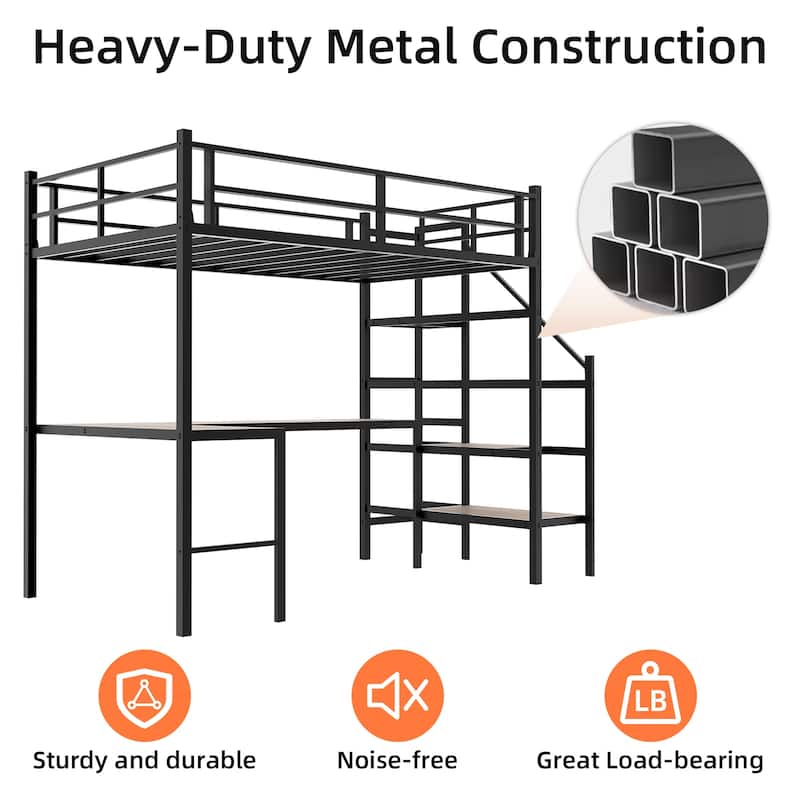Twin Metal Loft Bed with L-Shaped Desk, Storage Stairs, 360掳 Guardrails, Shelves & Pegboard, Space-Saving Design