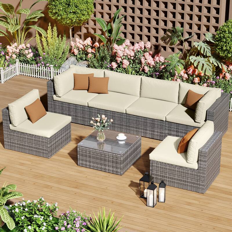 7-Piece Patio Furniture Set with Tempered Glass Coffee Table