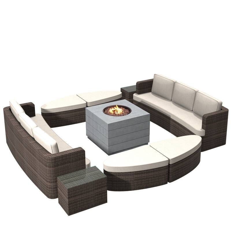 9-piece Patio Wicker Daybed Set with Concrete Fire Pit Table - Squre