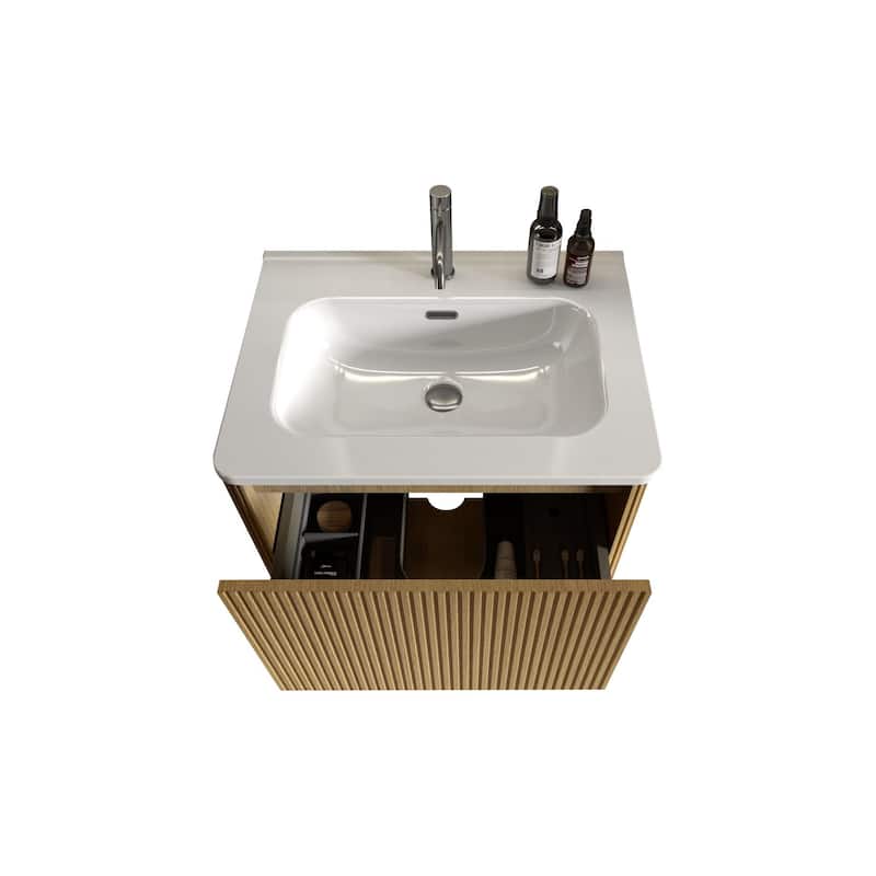 24"Striped Natural Oak Bathroom Vanity with White Ceramic Sink,Wall Mounted Floating Bathroom Vanity for Modern Bathroom