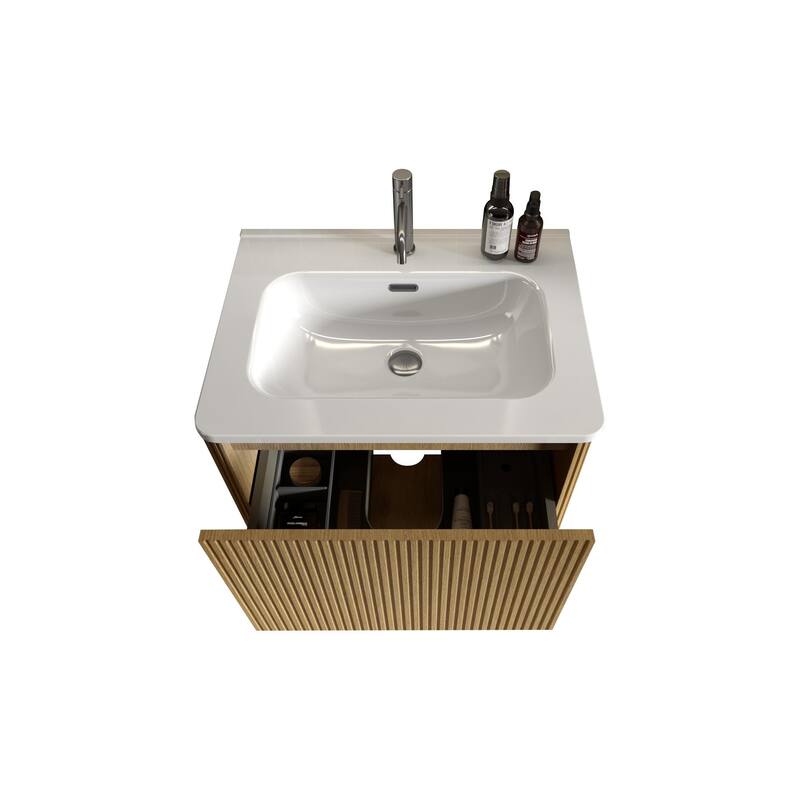 24 Inch Striped Walnut Bathroom Vanity with White Ceramic Sink,Wall Mounted Floating Bathroom Vanity for Modern Bathroom