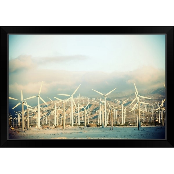 "Wind turbines with mountains in the background, Palm Springs, California" Black Framed Print