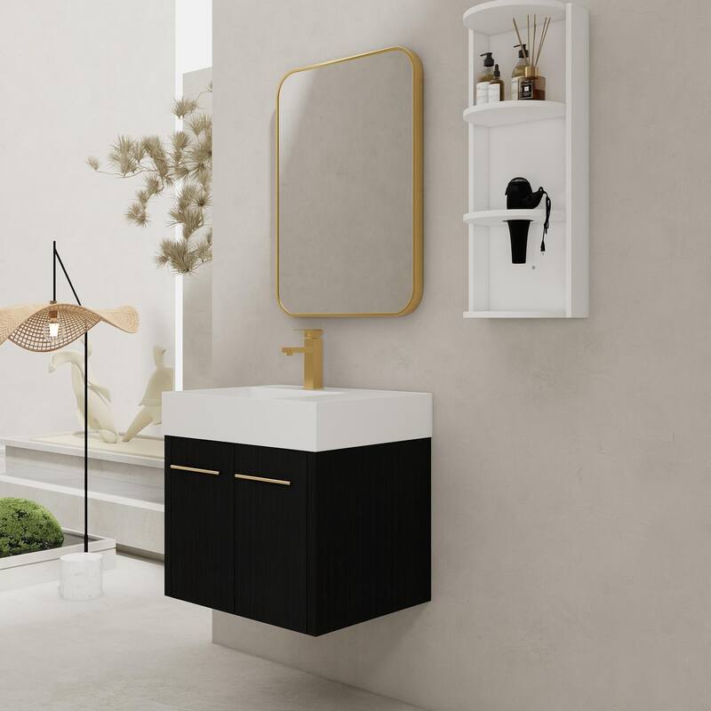 Wall mounted bathroom vanity with sink and storage shelf
