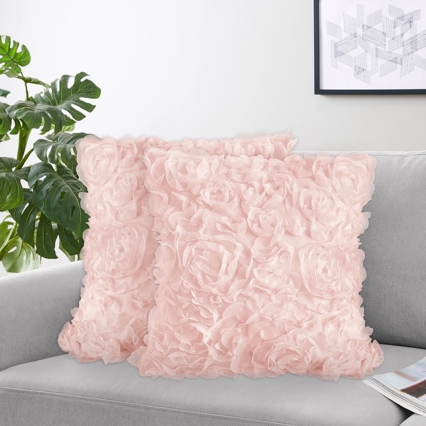 Sweet Jojo Designs Pink Floral Rose Decorative Accent Throw Pillows - Set of 2 - Solid Light Blush Flower Luxurious Elegant