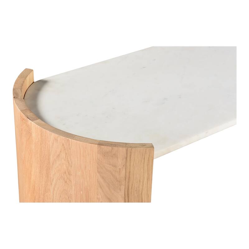 NADAAL STUDIOS Crest Console Table, Banswara White Marble Top, Oak Veneer Base, Natural Finish