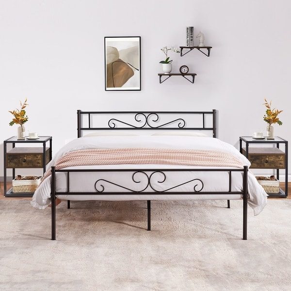 slide 2 of 19, 3-pieces Platform Bed Frame and Glass Top Nightstands Set of 2