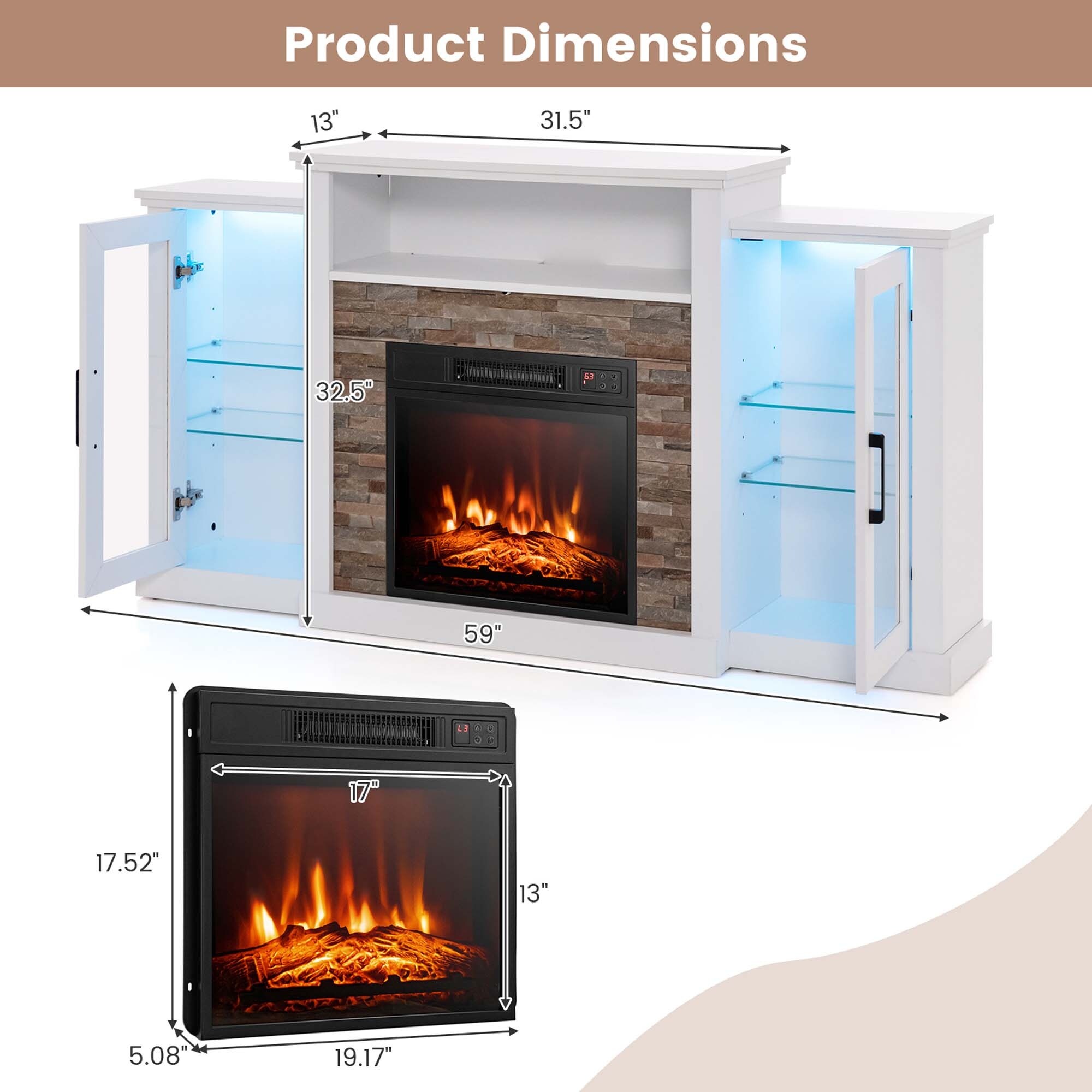 White tv stand with shop fireplace and led lights