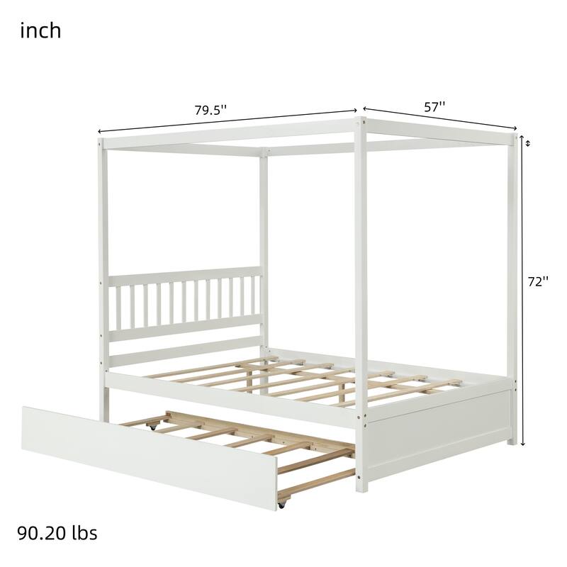 Nestfair Full Size Canopy Bed with Twin Trundle, Kids Solid Wood Platform Bed Frame w/ Headboard, No Box Spring Needed