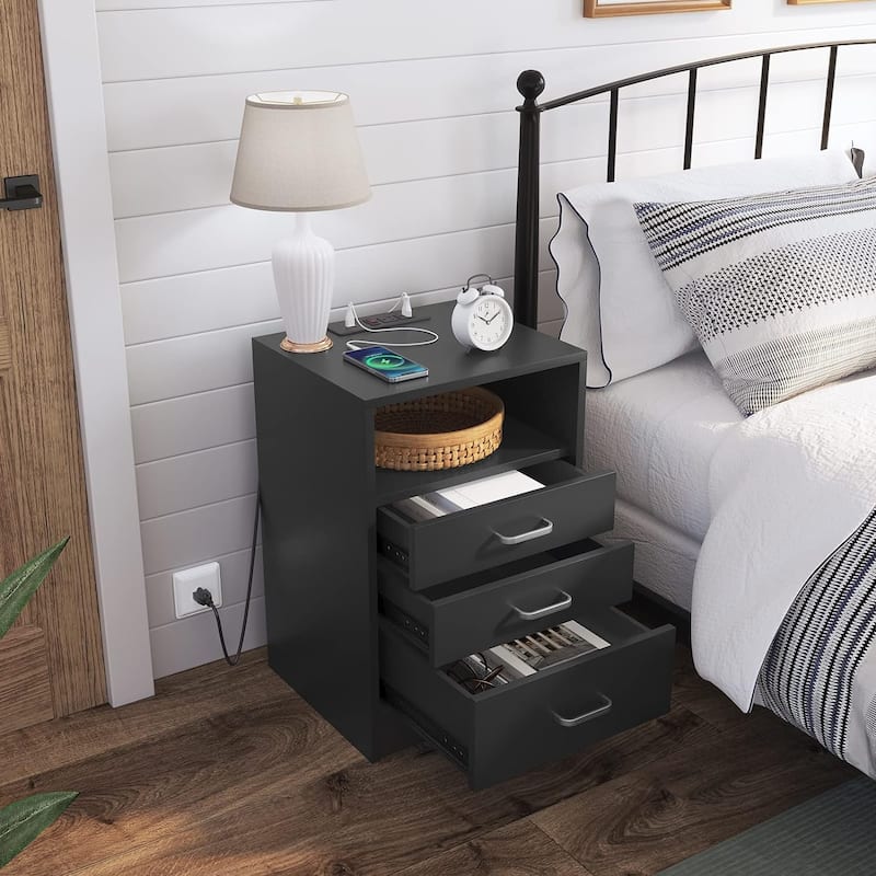Nightstand 3 Drawers Open Storage Charging Station