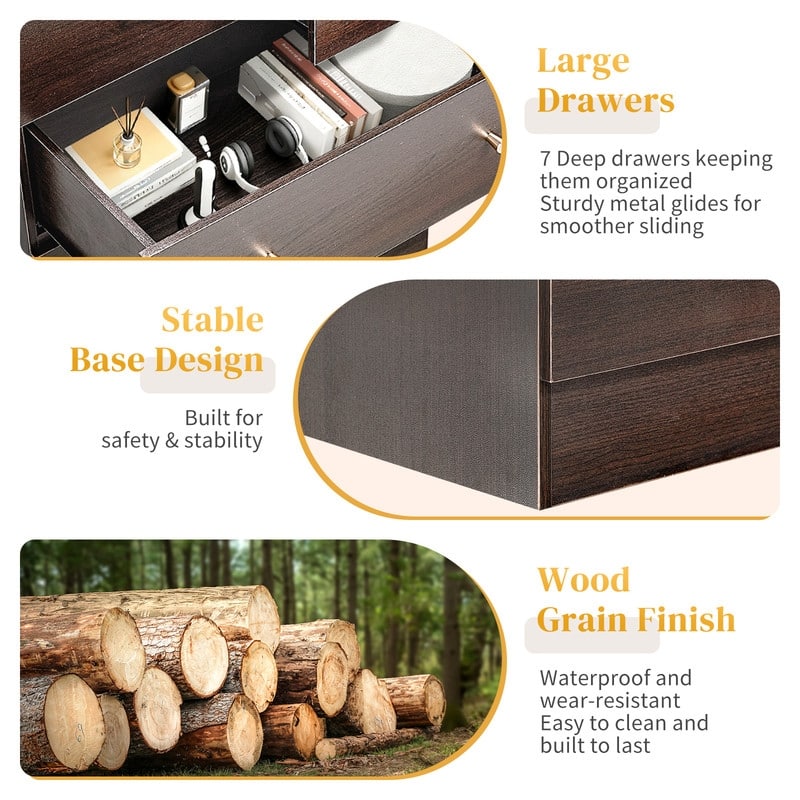 Large 7-Drawer Dresser For Bedroom And Chest Of Drawers With Sturdy Construction Wood Storage Organizer For Closet