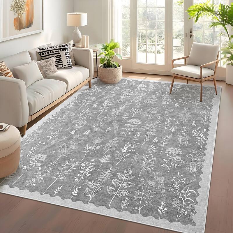 Botanical Washable Area Rug Modern Bird Pattern Rug Soft Non-Slip Low Pile Rugs for Living Room Bedroom - 9'x12' - Light Gray