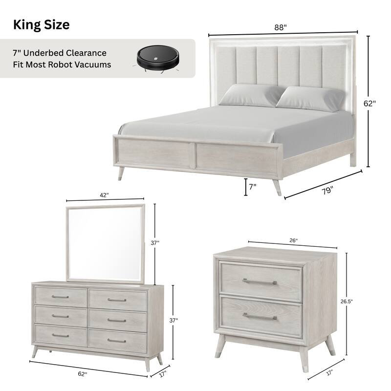 Roundhill Furniture Seluna 4-Piece Bedroom Set with Touch LED Lighting, Gray Oak Finish
