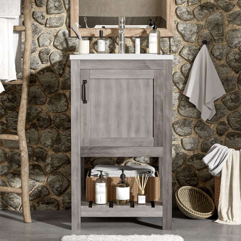 16" Compact Bathroom Vanity Sink Combo Featuring A Rectangular Ceramic Basin, Single Door Storage, And Open Shelf. - 16"