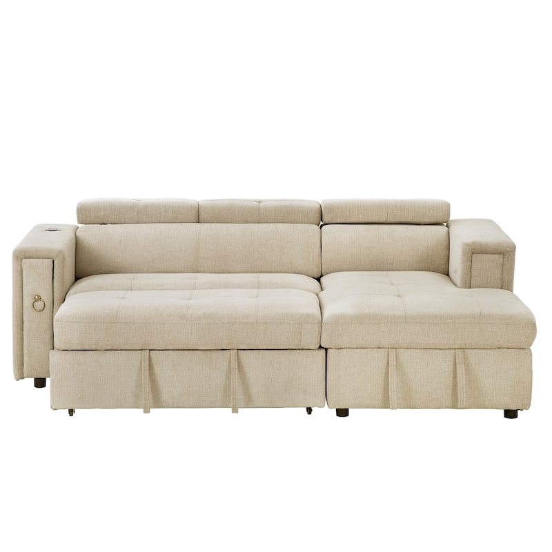 96" L-Shaped 3-Seat Sectional Sofa with Pull-Out Bed, Wireless Charging, and Hidden Storage with Cup Holders