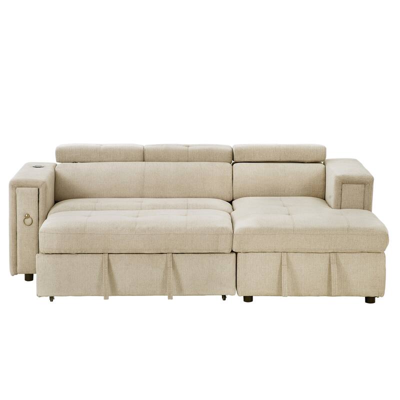 Beige 96" L-Shaped 3-Seater Sectional Sofa with Pull-Out Bed, Wireless Charging, Hidden Storage, and Cup Holders