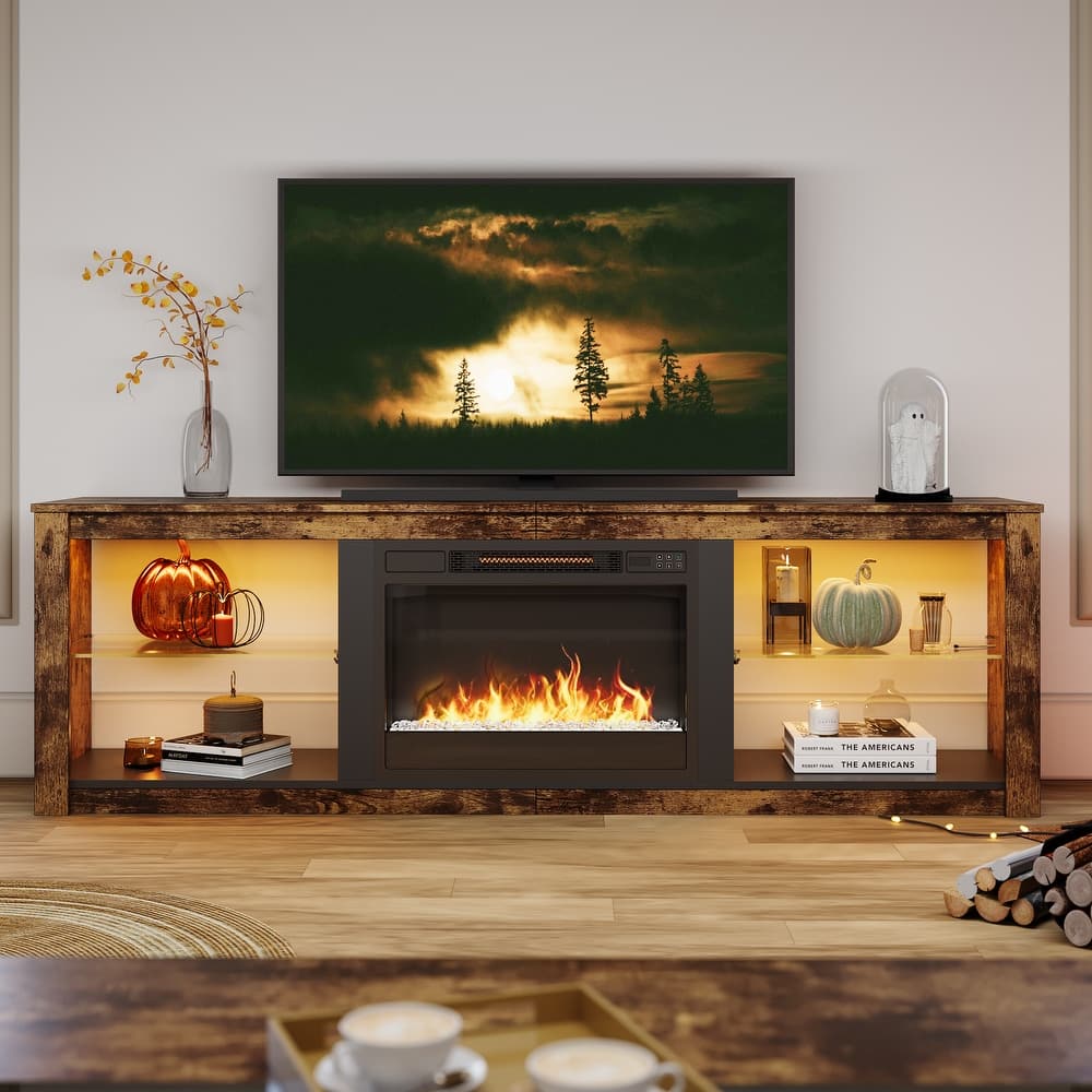 Bestier 70 Inch Fireplace TV Stand for TV up to 75", LED Entertainment Center with 23" Electric Fireplace and Glass Shelves