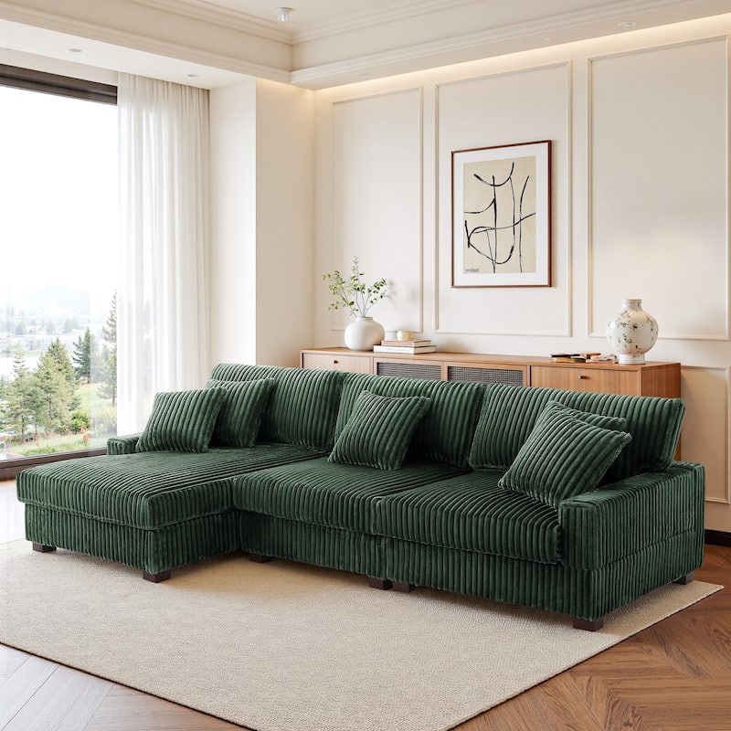 118.3" W Plush Corduroy Square Arm Upholstered Sectional Modular Sofa - Green - Left Facing