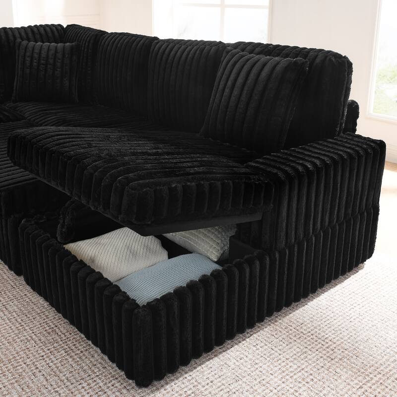 Corduroy Upholstered Reclining Sofa U-shaped Sleeper Sectional Couch with Pull Out Bed, Storage Chaise and Adjustable Backrests