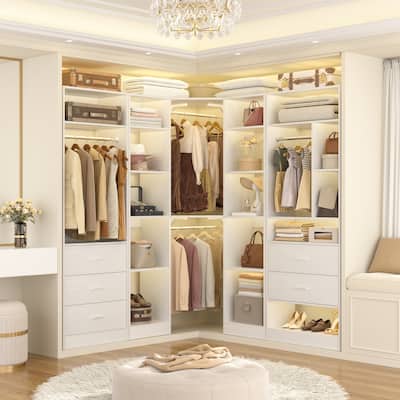 Kyrvo Corner Closet System with 5 Wooden Drawers & 12 Shelves, Freestanding Closet Organizer System for Walk-in/Reach-in Closet