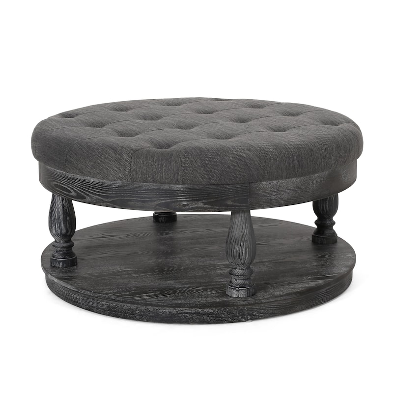 Sanya Ottoman Table, Dark Gray Fabric, Black Wood, Round 40 Inch