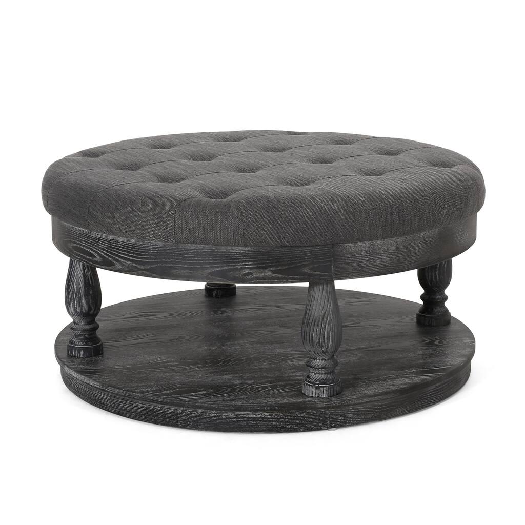 Sanya Ottoman Table, Dark Gray Fabric, Black Wood, Round 40 Inch
