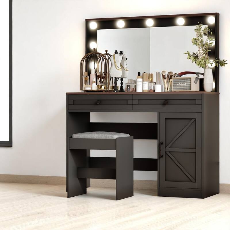 43.4" Makeup Vanity Table with LED Mirror & Stool - 3 Drawers, Adjustable Brightness, Dressing Desk