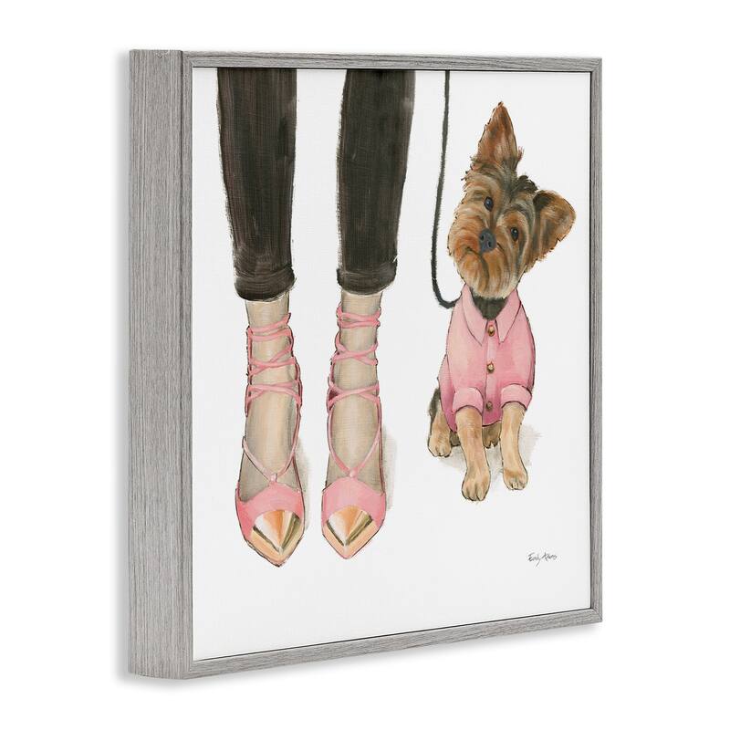 Stupell Glam Dog Walk Heels Fashion Pink Gold Design Framed Wall Art