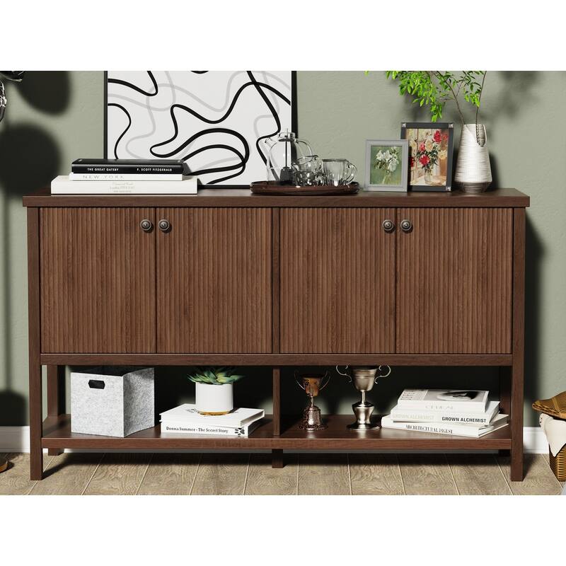 4 Doors Rustic Cabinet with Opening Shelf for Kitchen and Living Room - Tan