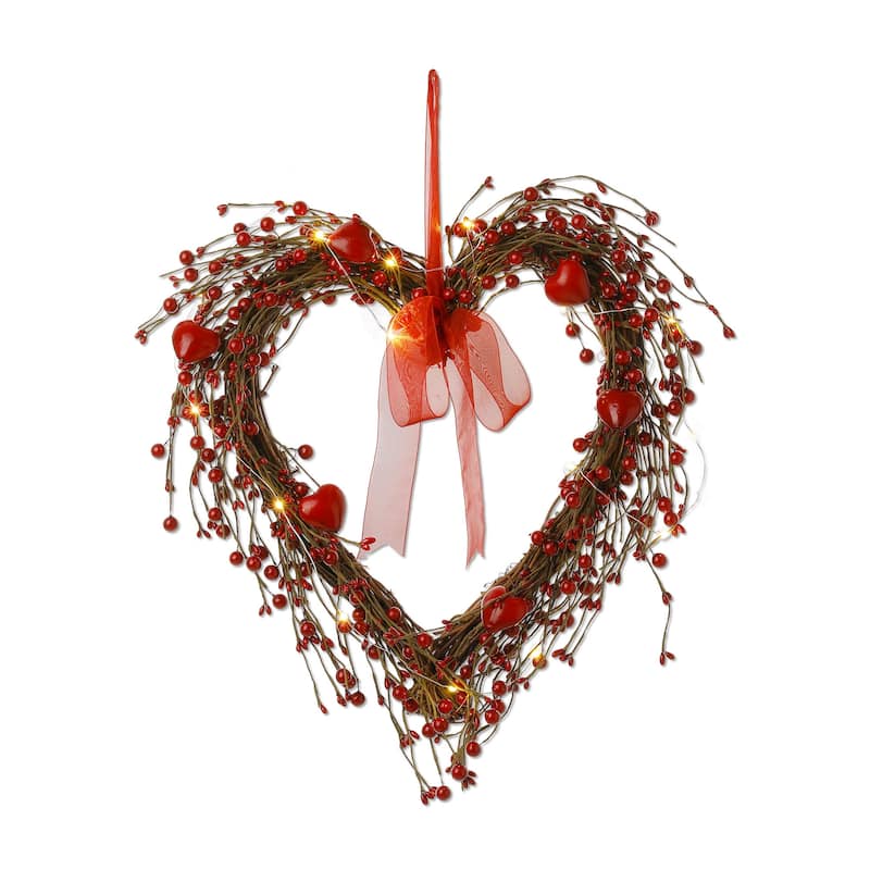 Glitzhome Valentine's Berry Heart or Round Wreath Hanging Decor - Heart with LED
