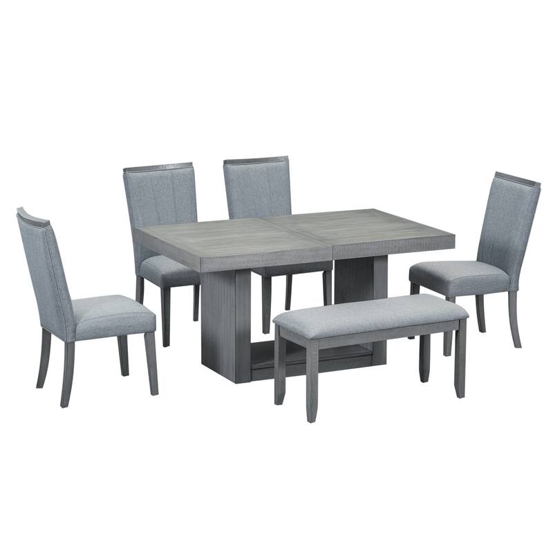 78" Rectangular Pedestal Dining Table Set with Removable 18" Leaf, Dining Bench & 4 Upholstered Chairs for 6 - Modern Design