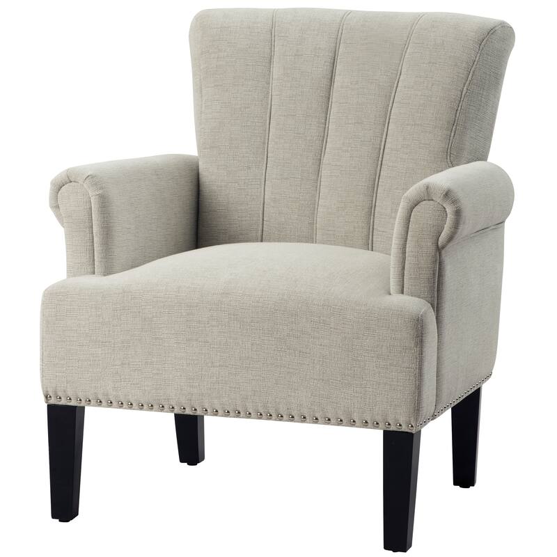 Cream Modern 24" Polyester Upholstered Accent Chair with Rubber Wood Legs and Nailheads