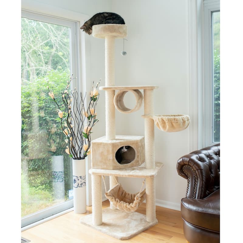 72" H Pet Tower EntertaInment Furniture With Lounge Basket, Perch - Beige - Beige