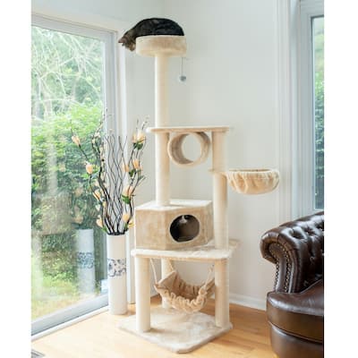 72" H Pet Tower EntertaInment Furniture With Lounge Basket, Perch - Beige